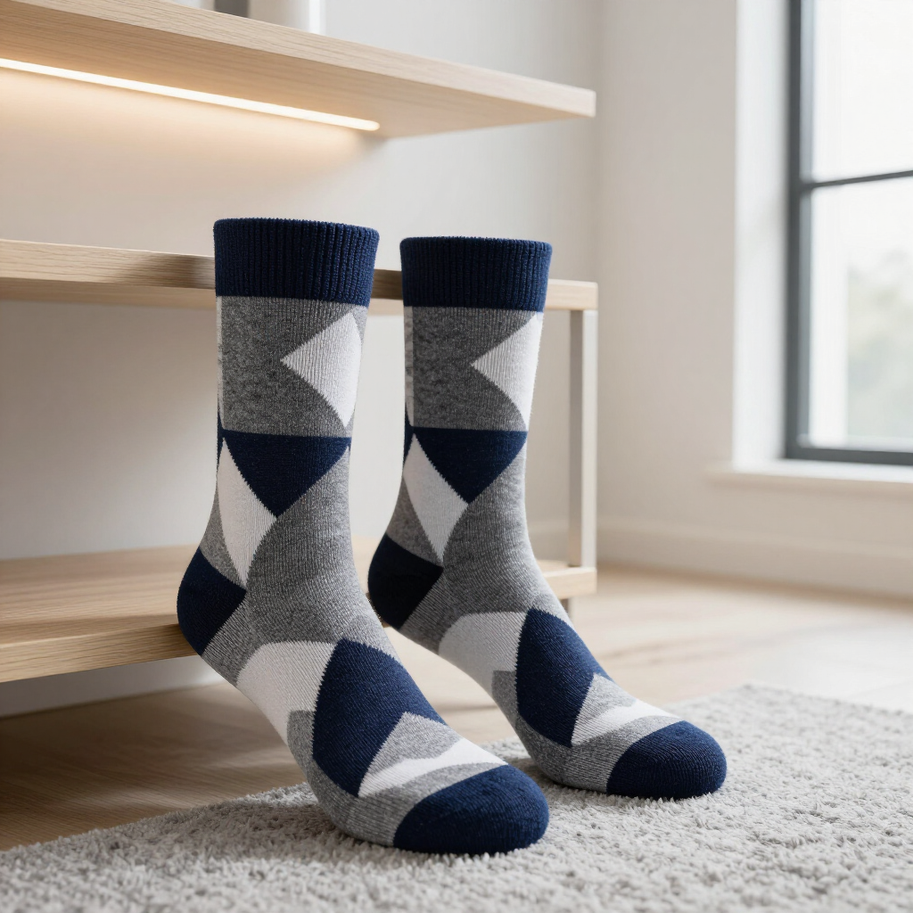 Calcetines con estampado geométrico azul marino, gris y blanco sobre una alfombra junto a una cama.
