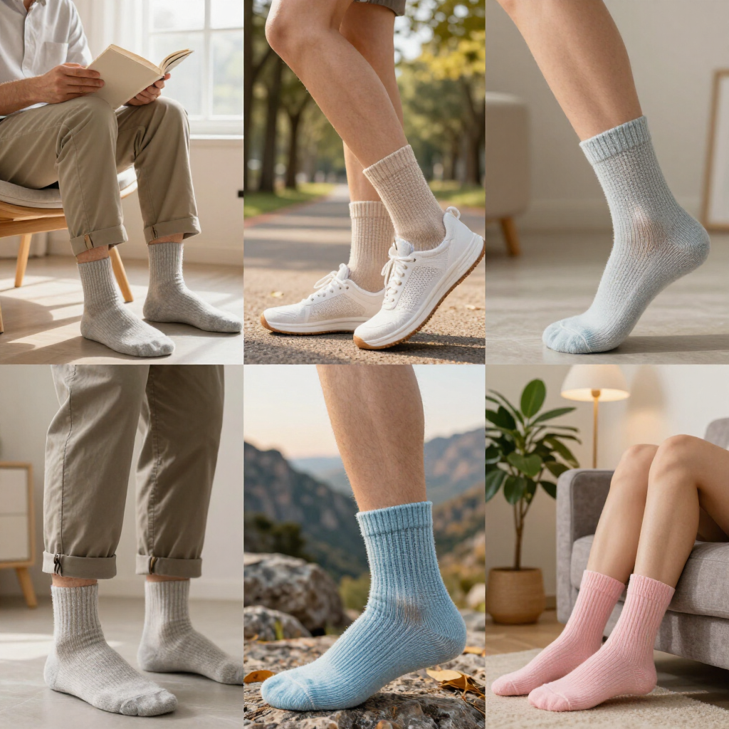 Collage de calcetines blancos, azules y rosas con zapatillas blancas