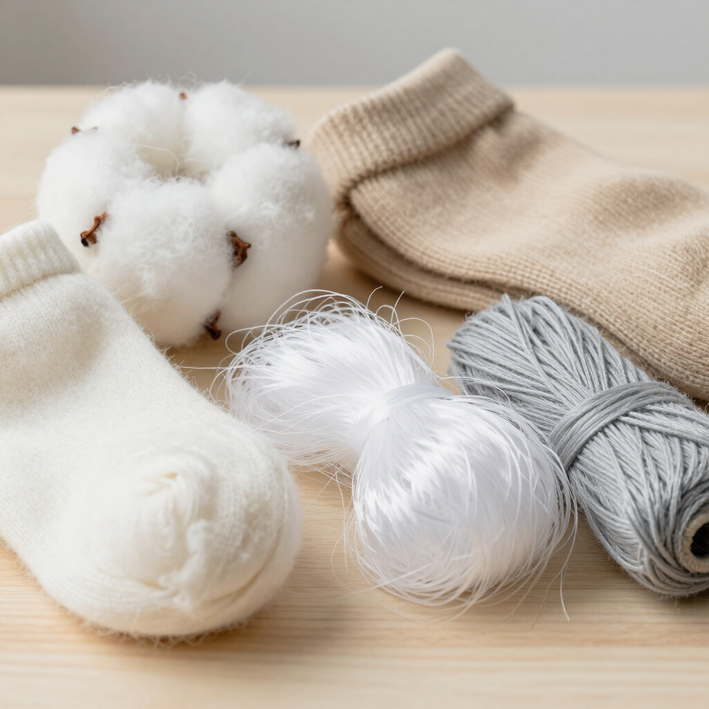 Bolas de algodón blanco y madejas de hilo con un calcetín de punto beige sobre una superficie de madera.