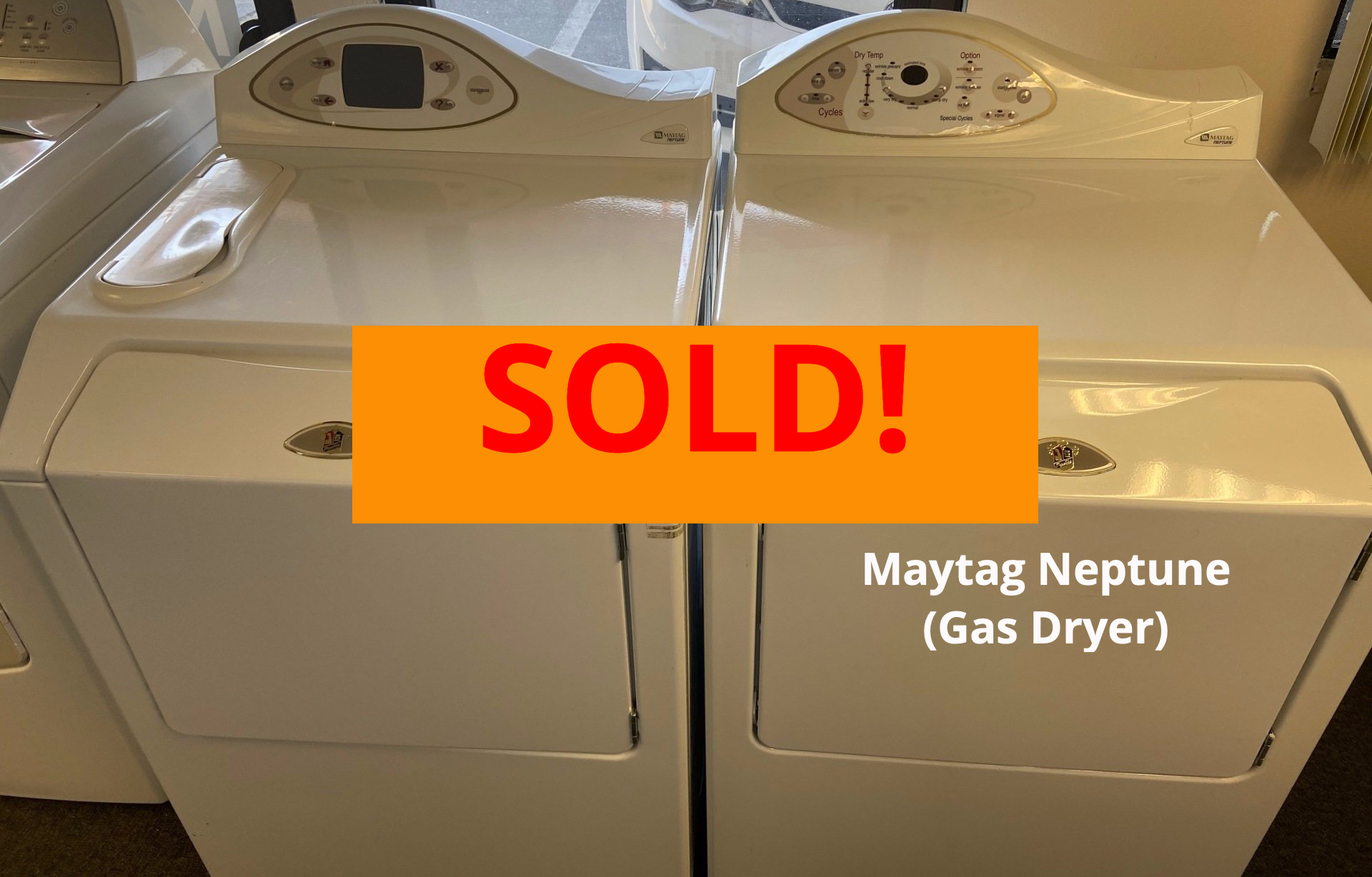 A white maytag neptune gas dryer is sold.