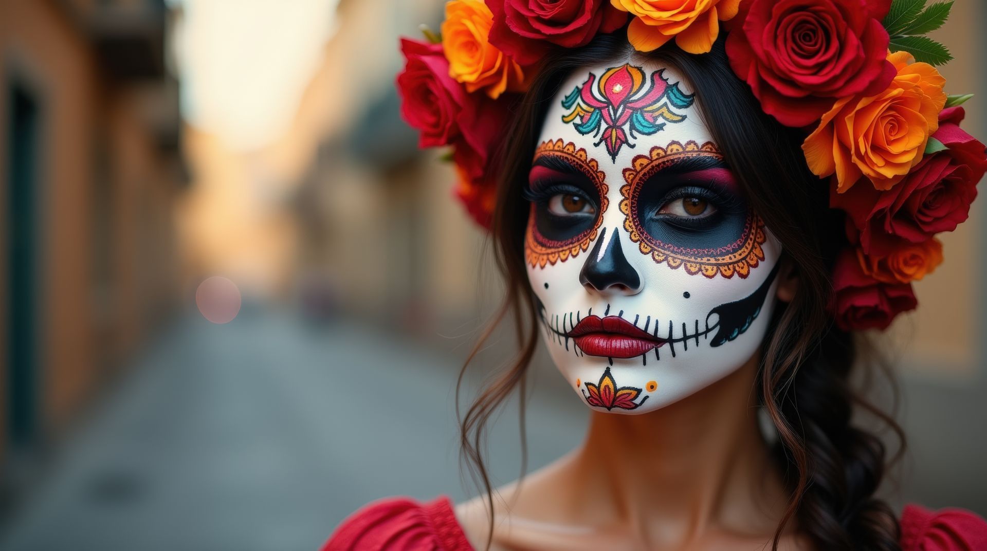 Woman with skull face paint and flower crown, red and orange roses. Narrow street background.