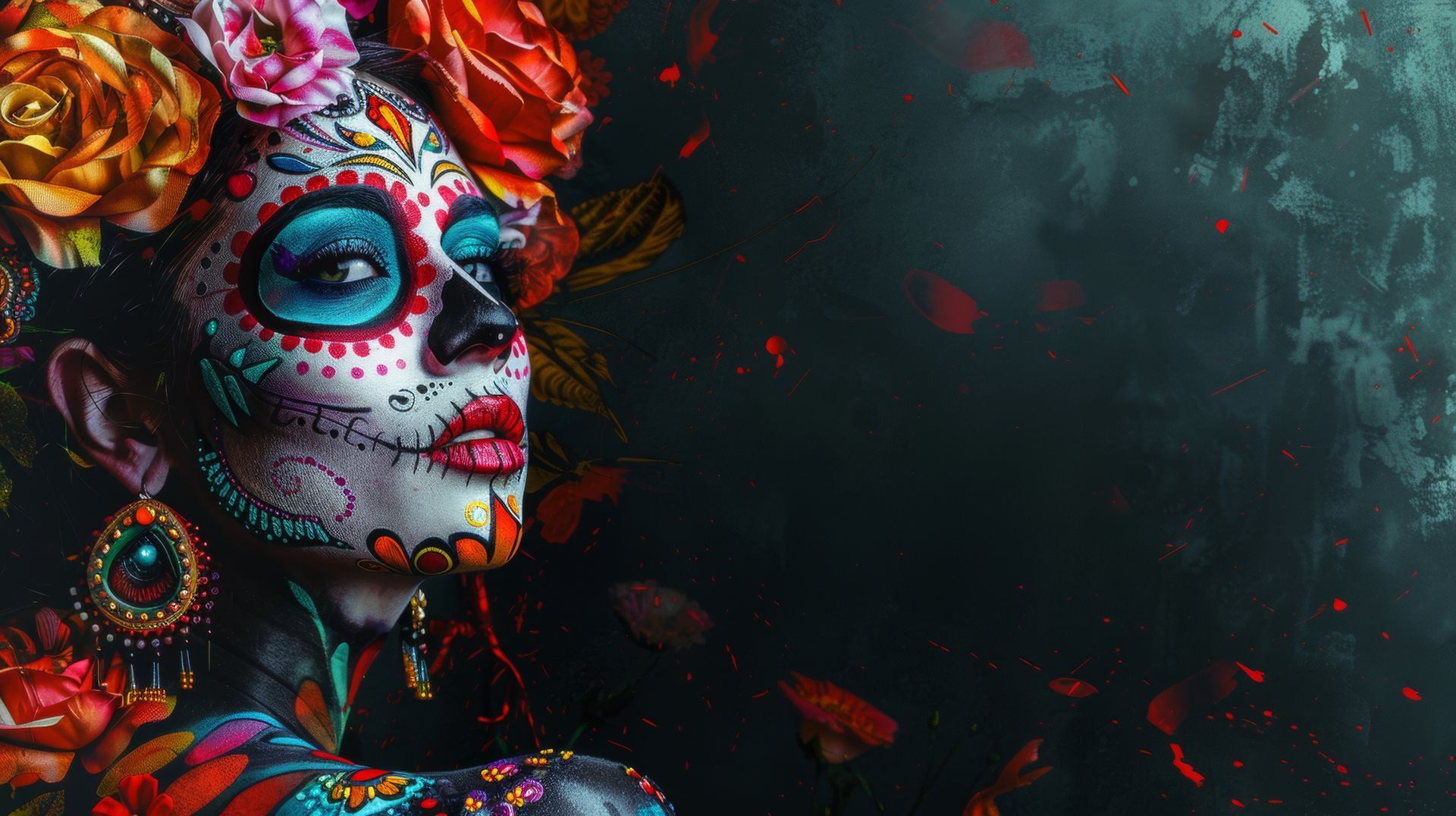 Woman with Day of the Dead sugar skull makeup, floral headpiece, and colorful body art, dark background.