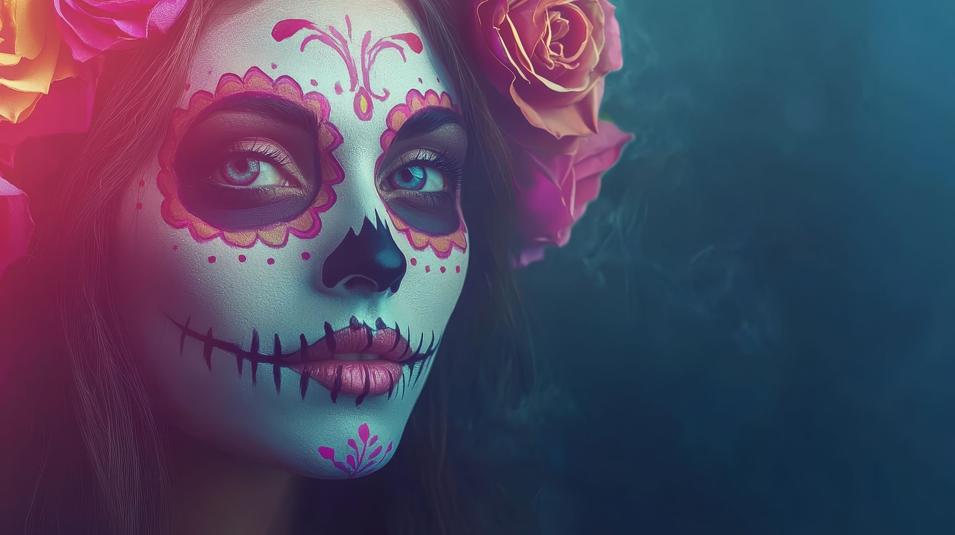 Woman with Day of the Dead sugar skull makeup and rose crown; dark background.