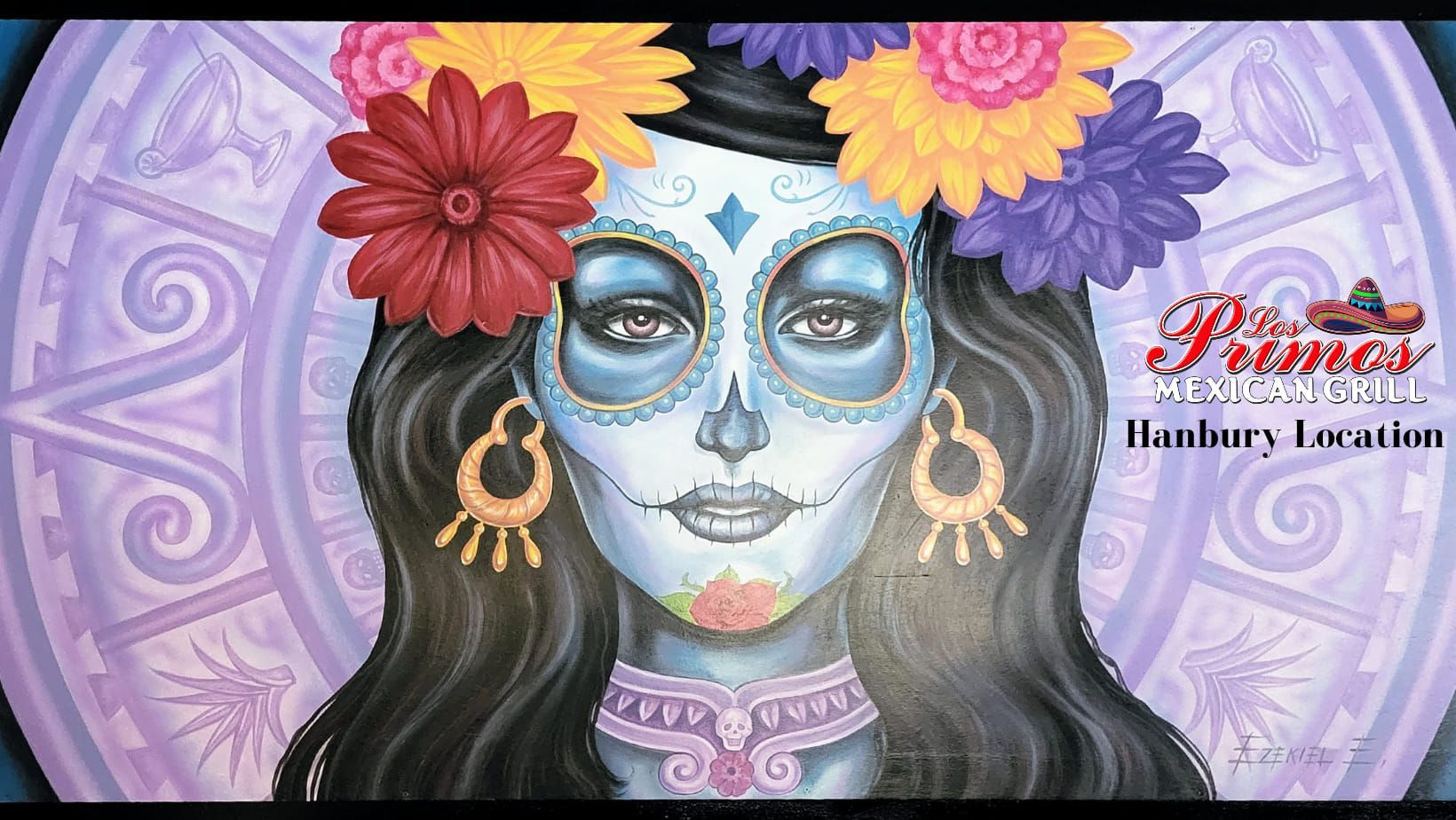 Close-up of a Día de Muertos skull woman wearing a flower crown. 