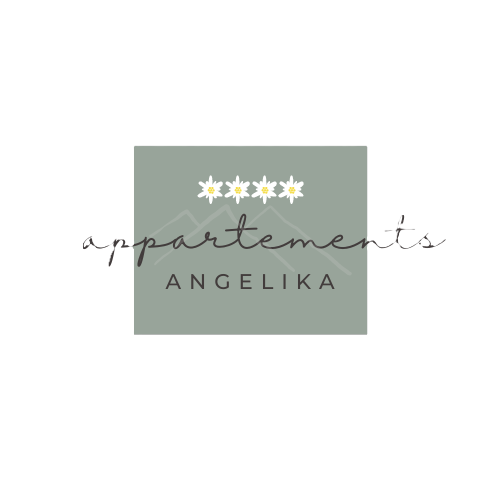 Logo für Apartments Angelika mit grauem Quadrat, weißen Blumen und kursiver Schrift auf weißem Hintergrund