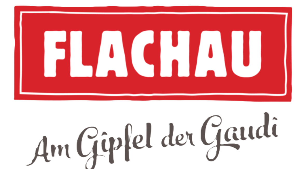Red FLACHAU logo with the slogan “Am Gipfel der Gaudi” below