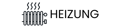 Schwarzes Heizkörpersymbol mit Hitzewellen und dem Wort „HEIZUNG“ in schwarzer Schrift.