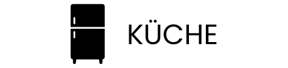 Schwarzes Kühlschranksymbol neben dem Wort „KÜCHE“ auf weißem Hintergrund.