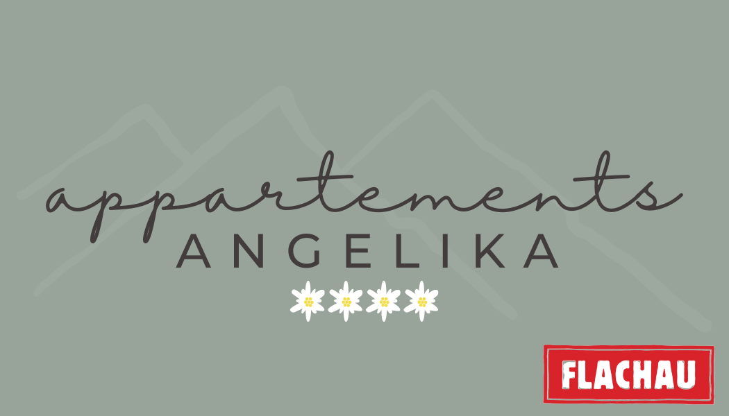 Appartements ANGELIKA-Logo auf gedecktem grünem Hintergrund mit Sternen und rotem FLACHAU-Etikett