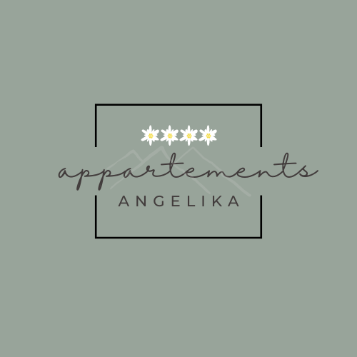 Logo mit der Aufschrift „appartements ANGELIKA“ und vier weißen Blüten auf einem dezent grünen Hintergrund.