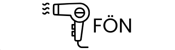 Schwarzes Liniensymbol eines Haartrockners mit dem Wort „FÖN“ daneben.