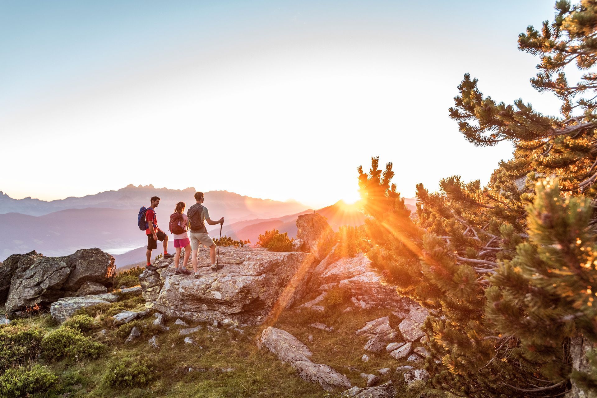 Wanderer auf einem felsigen Berggipfel bei Sonnenuntergang, Sonnenreflexe und Bäume rahmen die Aussicht ein