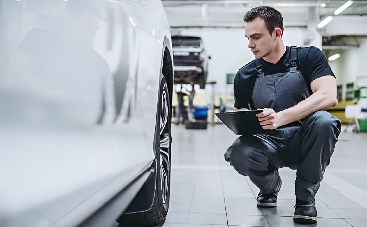 A Man is Kneeling Down in Front of a Car in a Garage While Looking at a Clipboard — K & T Ballina Mechanical In Ballina, NSW