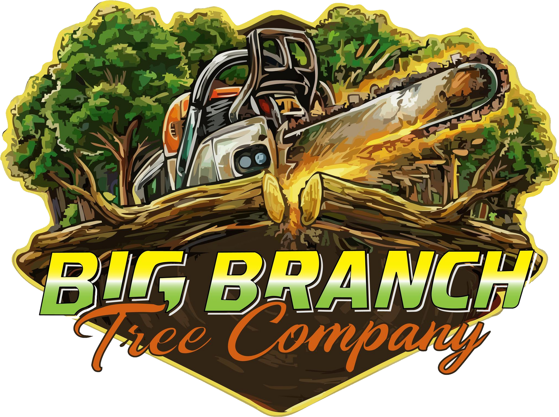 Logo for Big Branch Tree Company: Chainsaw cutting a log with a forest background.