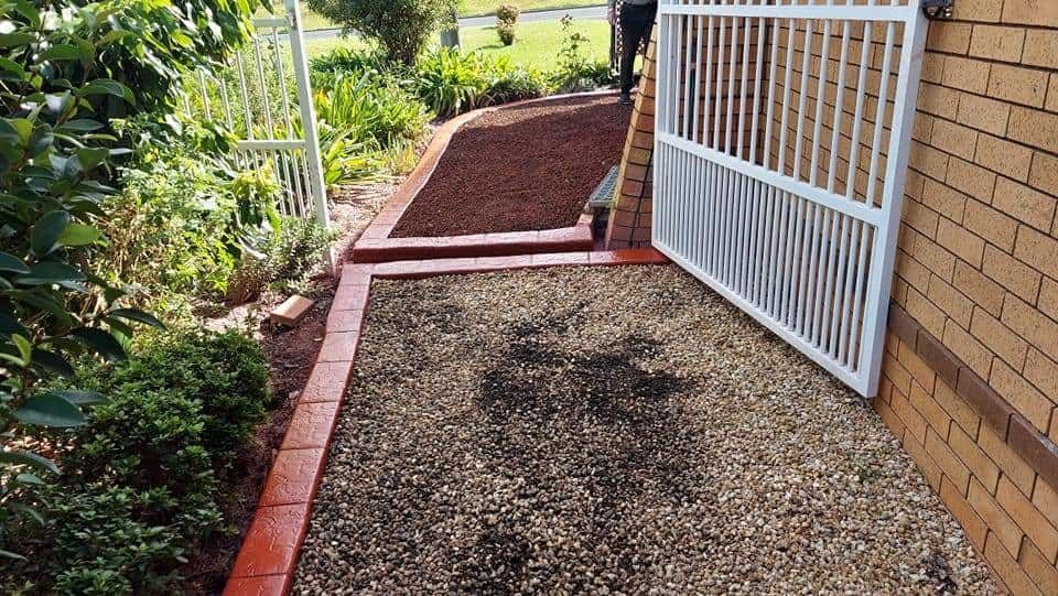 Gravel Path With Brick Edging Leads to White Metal Gate — Brett's Continuous Garden Edges In North Haven, NSW