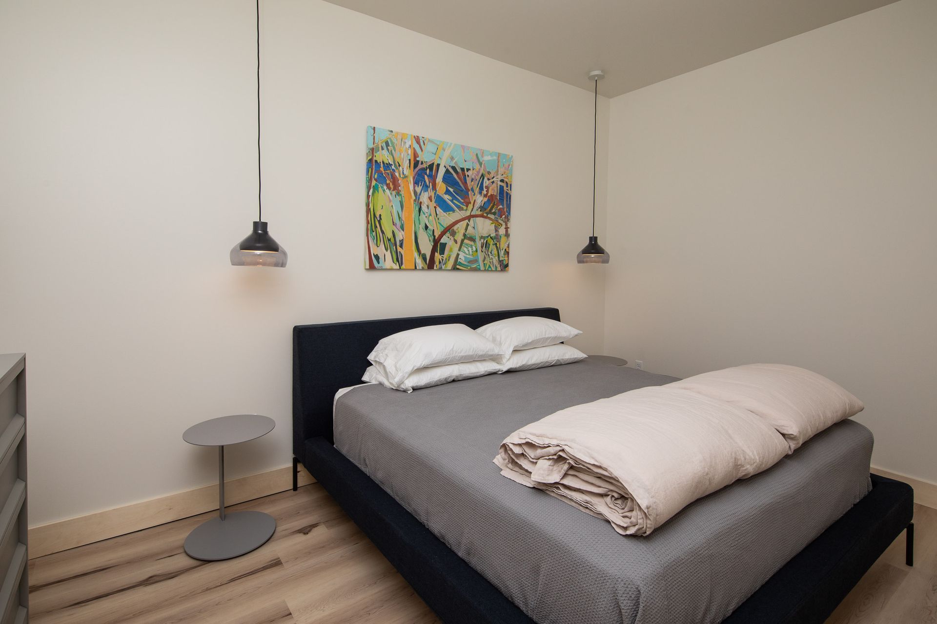 There is a painting on the wall above the bed in the bedroom.