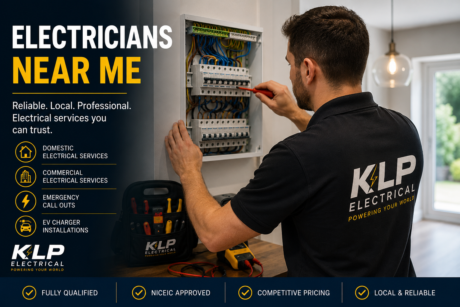 Electrician at open panel with tool; KLP Electrical ad says “Electricians Near Me” and lists services.