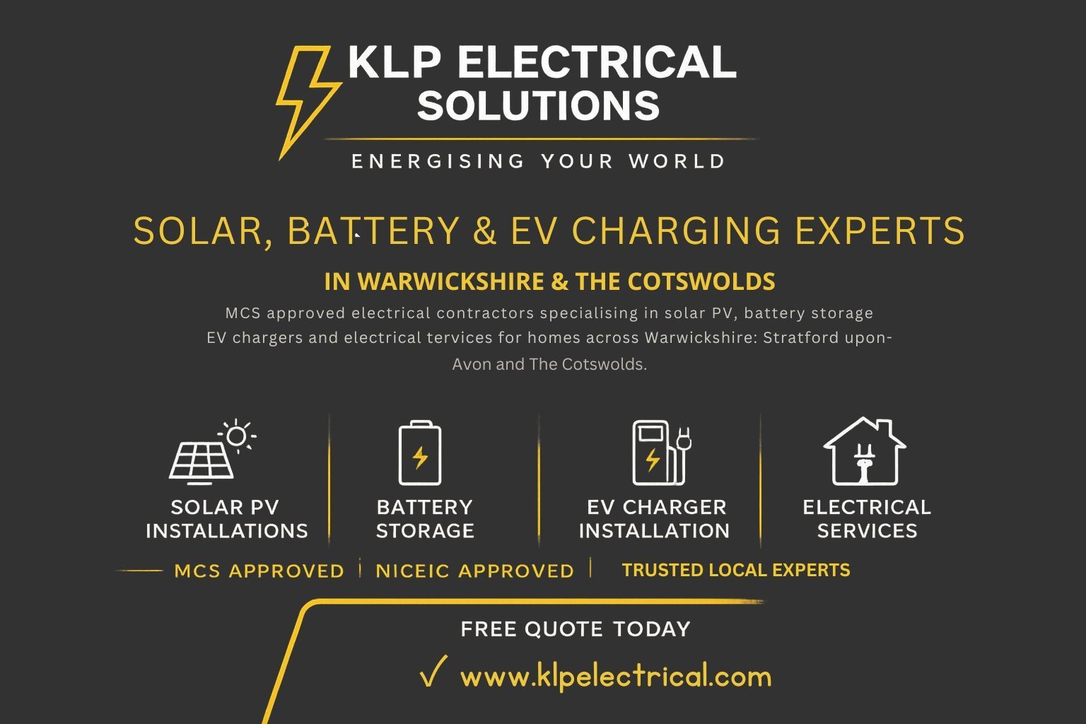 KLP Electrical Solutions advert for solar, battery storage and EV charging in Warwickshire and the Cotswolds