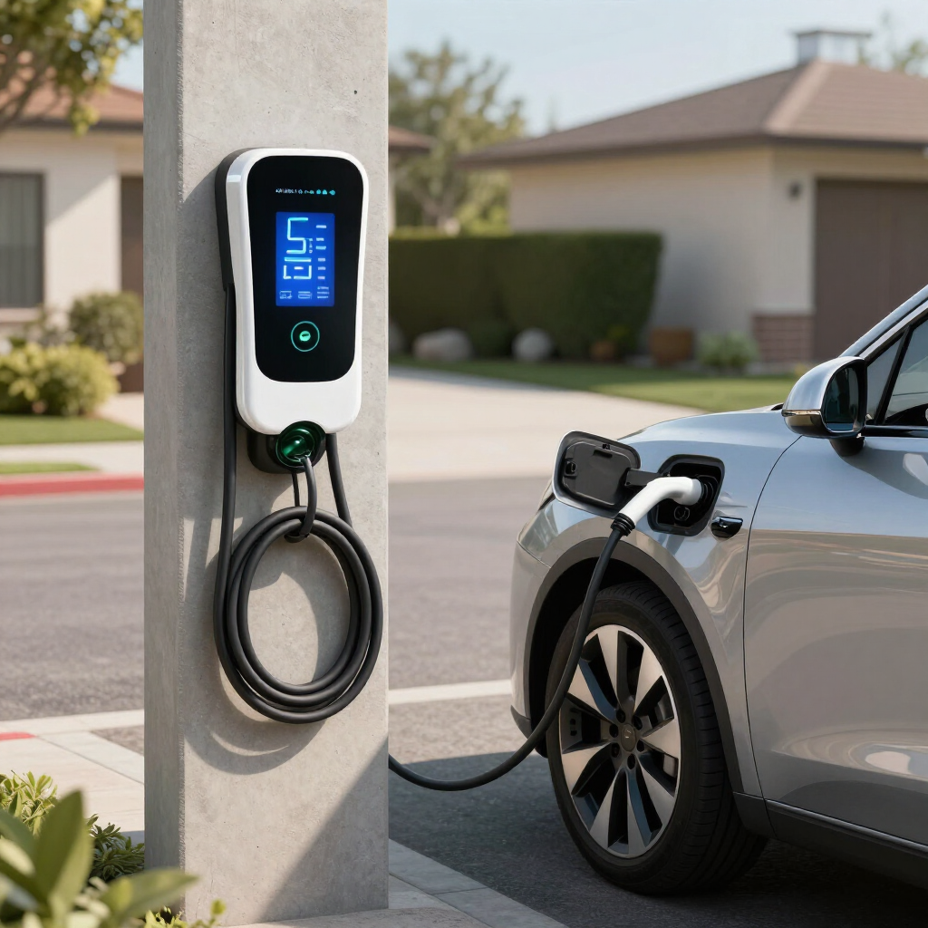 Electric vehicle charging at a station beside a parked car in a residential driveway