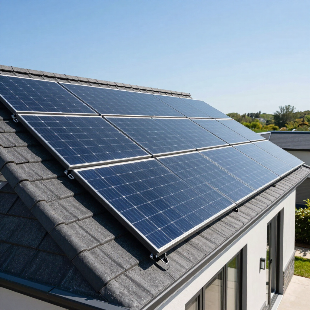 Solar panels mounted on a gray shingled roof under a clear blue sky