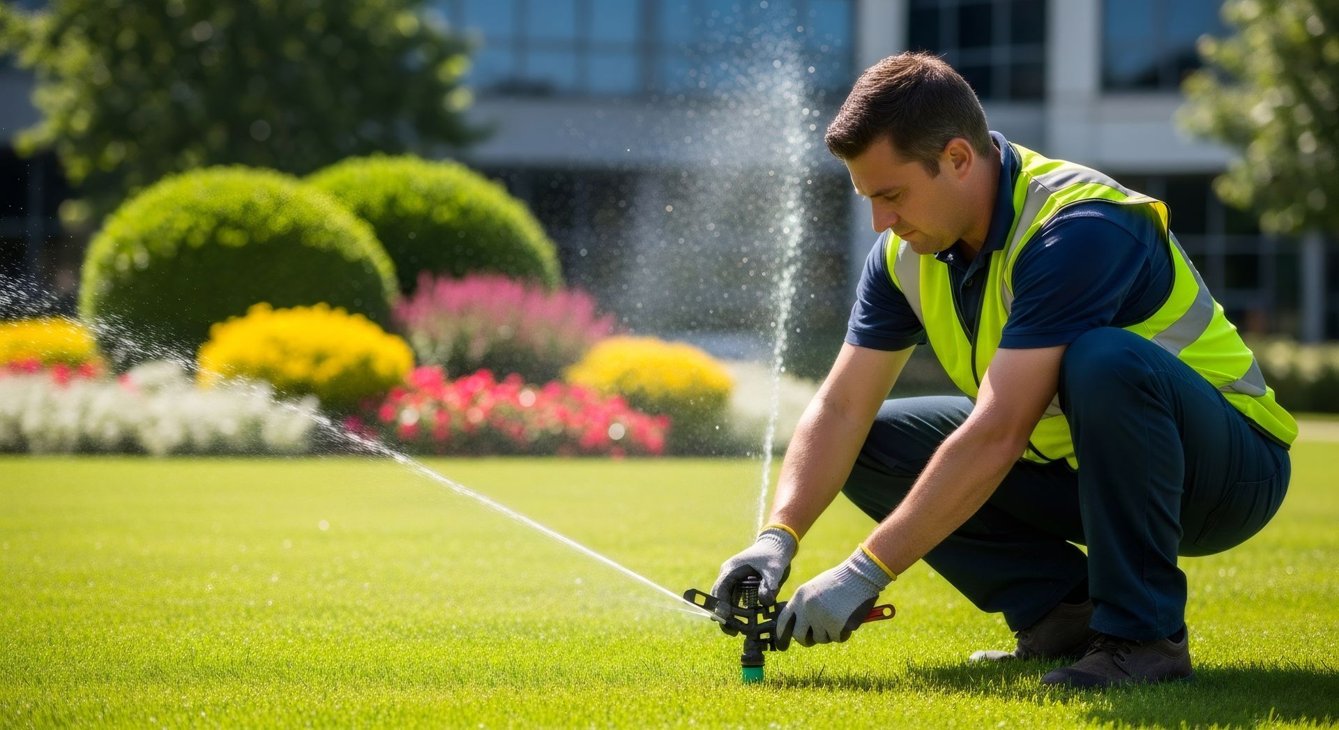 Technician in a safety vest adjusting a spraying sprinkler head on a green lawn.