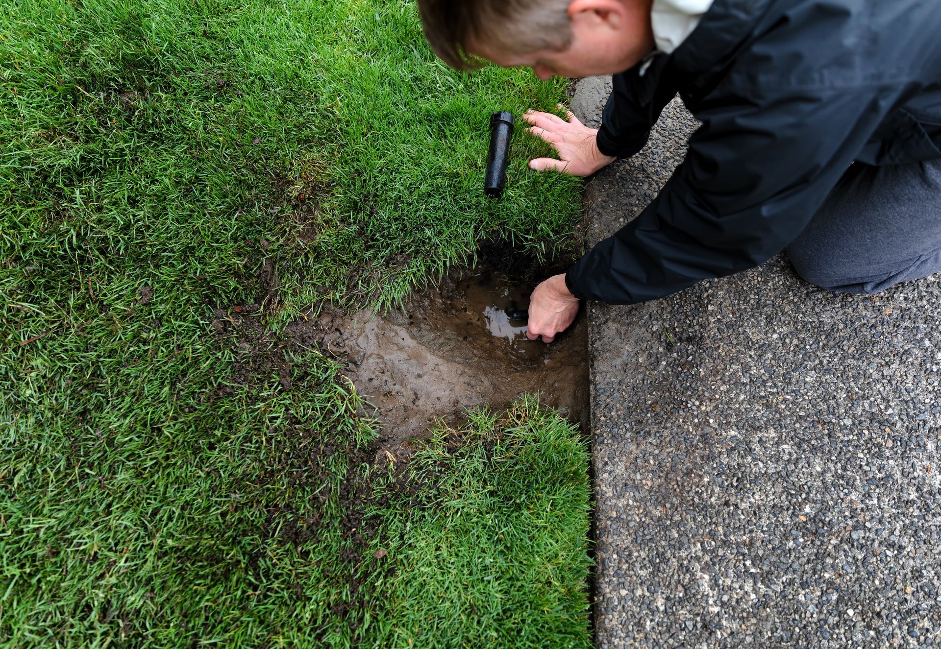 Technician inspecting a sprinkler head in a muddy hole beside a green lawn.