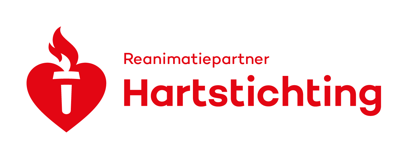 Hartstichting logo met rood hart en witte flakkerende vlam, tekst “Reanimatiepartner” in rood.