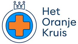 Het Oranje Kruis logo with blue circle, orange cross, and crown icon