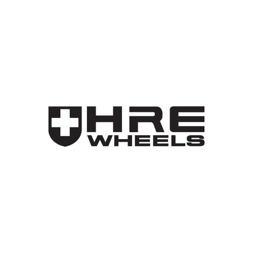 A black and white logo for hre wheels on a white background.