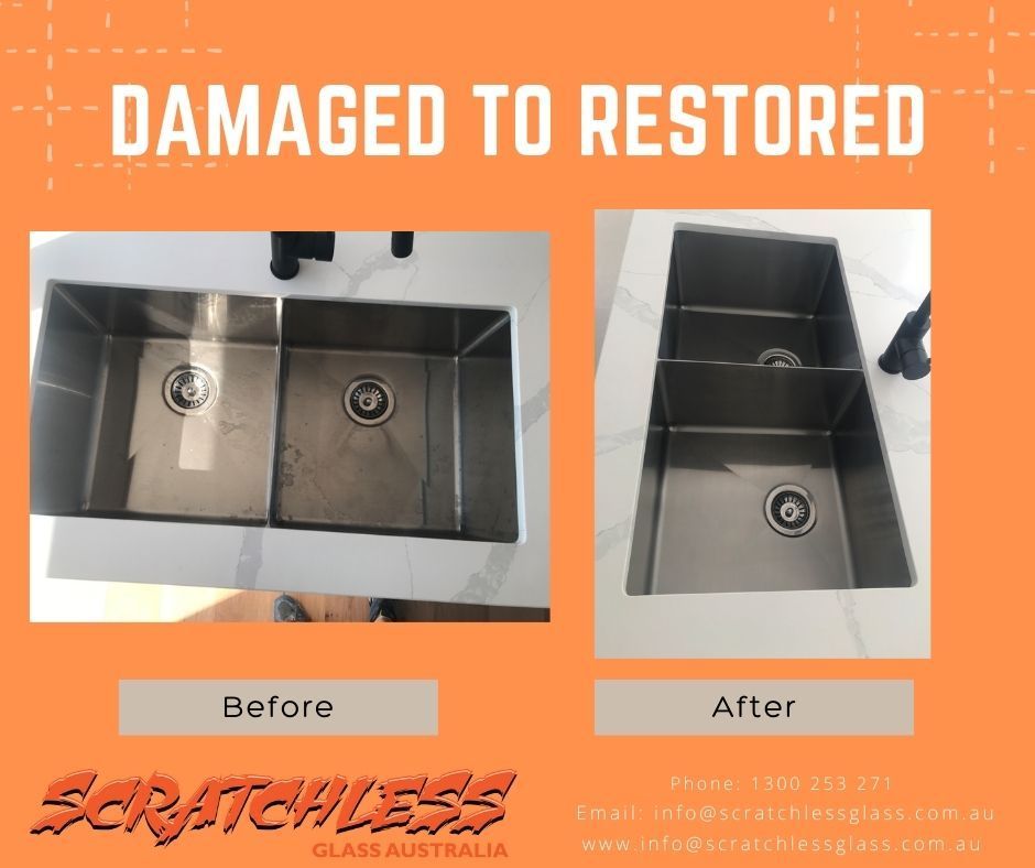 A Before And After Picture Of A Stainless Steel Sink — Scratchless Glass Australia in Buderim, QLD