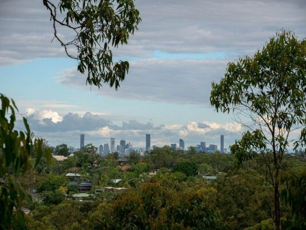 Distant City Skyline Framed by Lush Green Trees Under a Cloudy Sky — Scratchless Glass Australia in Brisbane, QLD