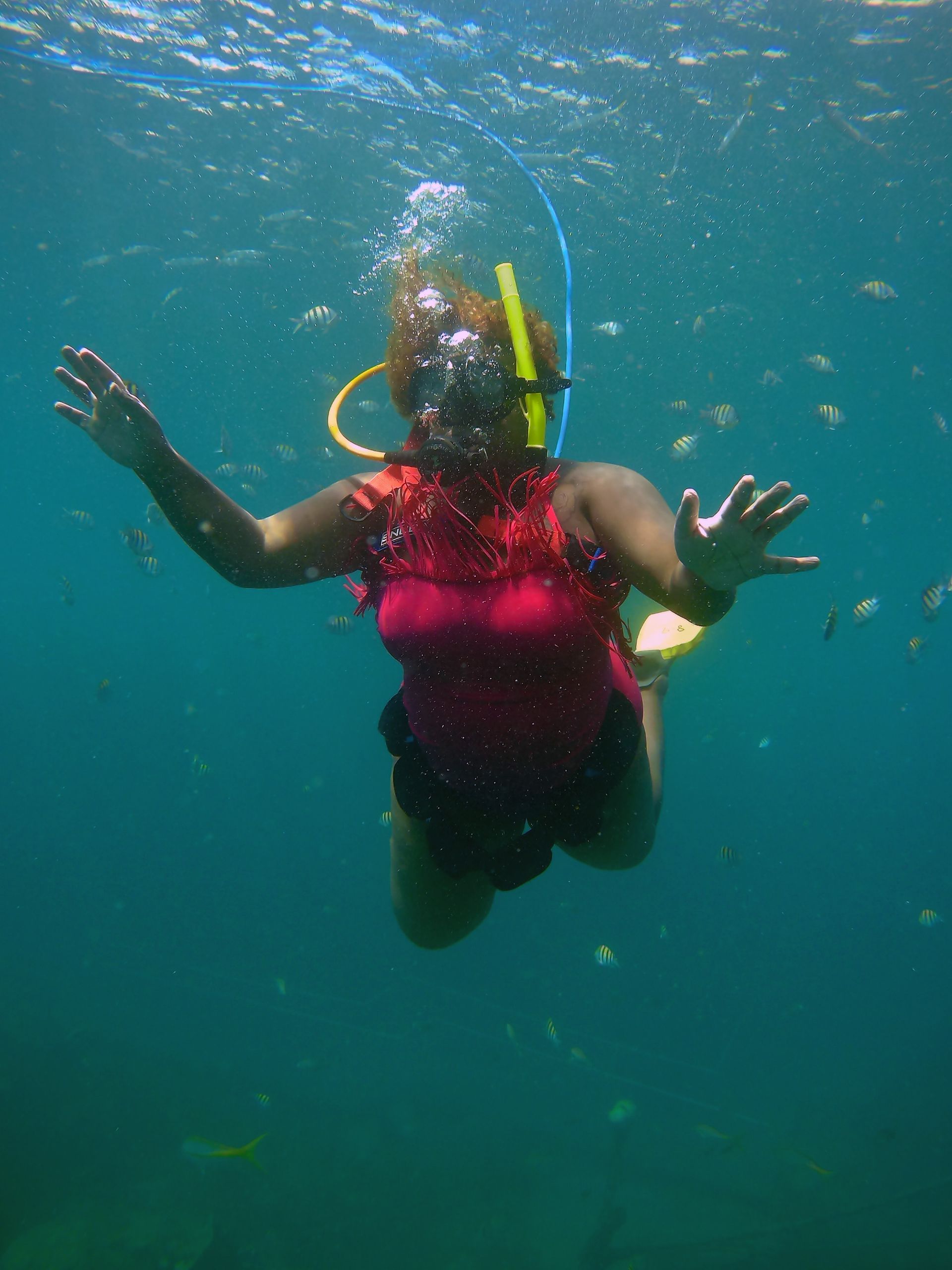 A woman is swimming underwater in the ocean.