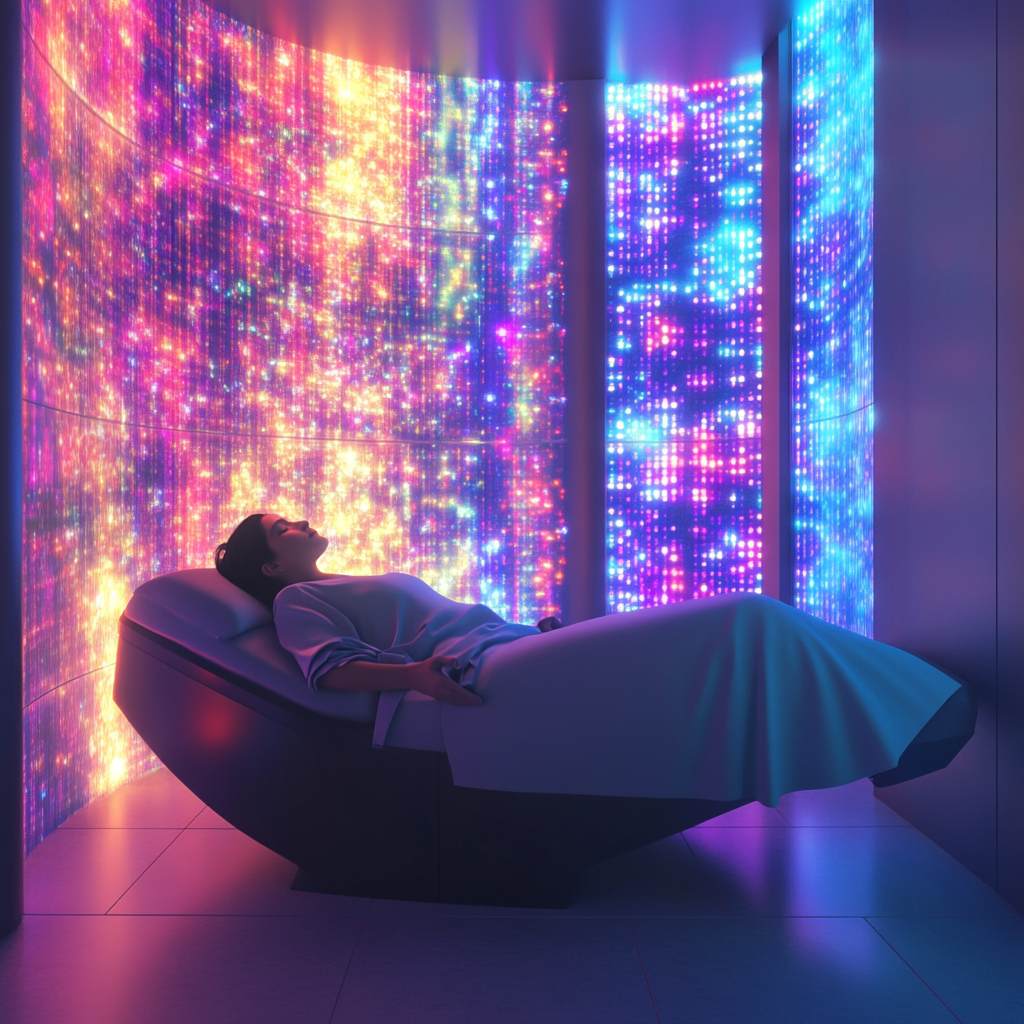 Vrouw ligt in een pod, omringd door gloeiende, kleurrijke digitale displays, futuristische kamer.