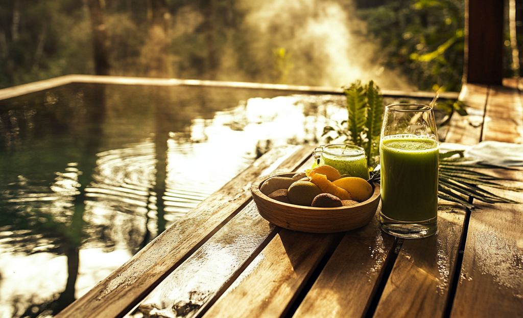 Een ontspannende spa met een zwembad, drankjes en snacks op een houten terras, badend in het zonlicht.