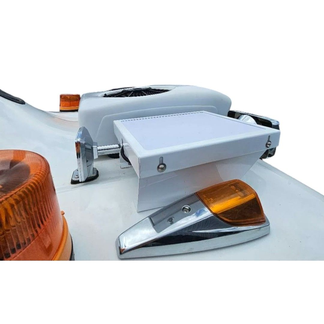 White Vehicle Roof With White Box And Orange Warning Lights — Bigdog Welding and Fabrication Pty Ltd In Currajong, QLD