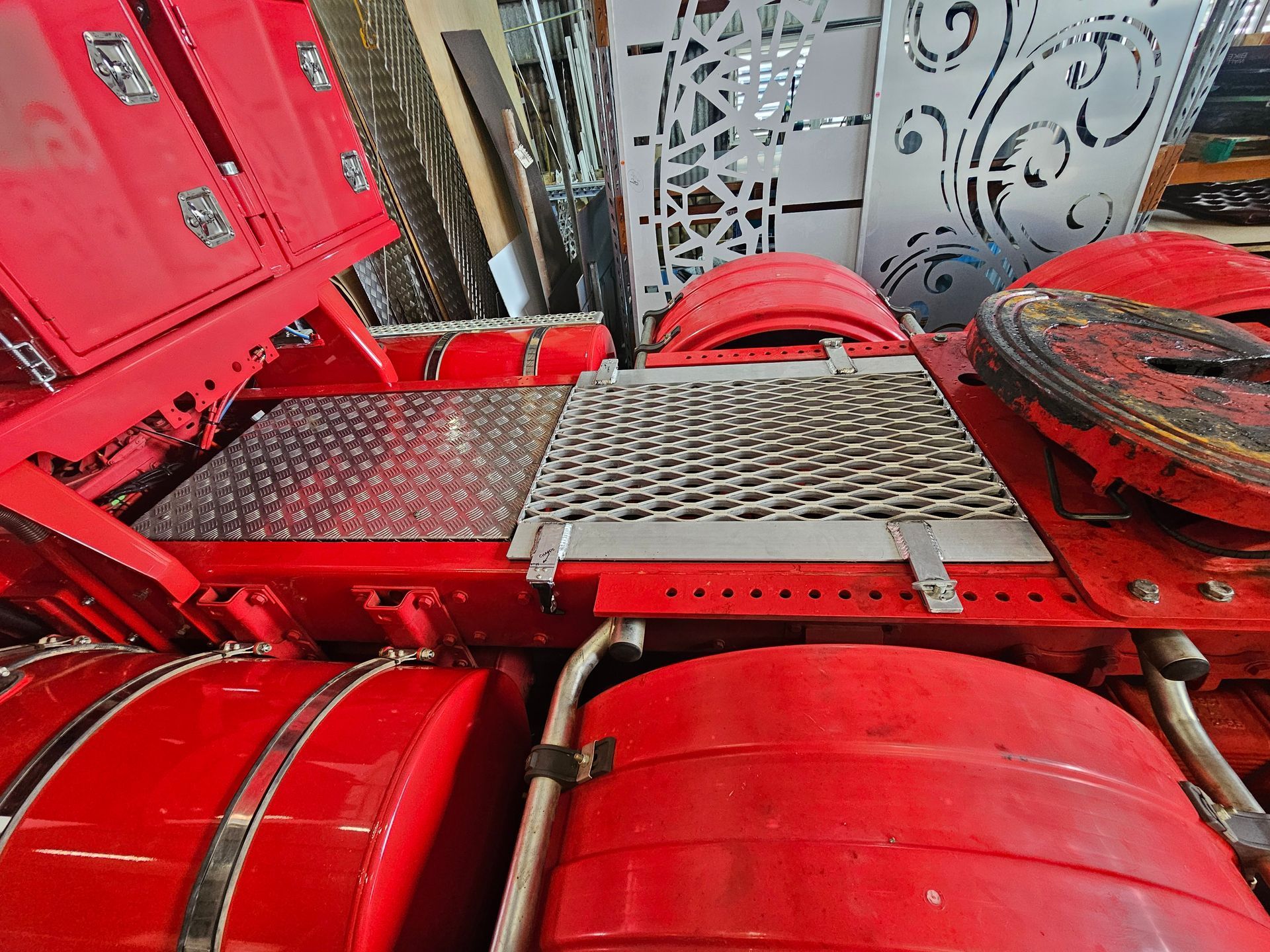 Red Truck Bed With Diamond Plate And Grates — Bigdog Welding and Fabrication Pty Ltd In Currajong, QLD