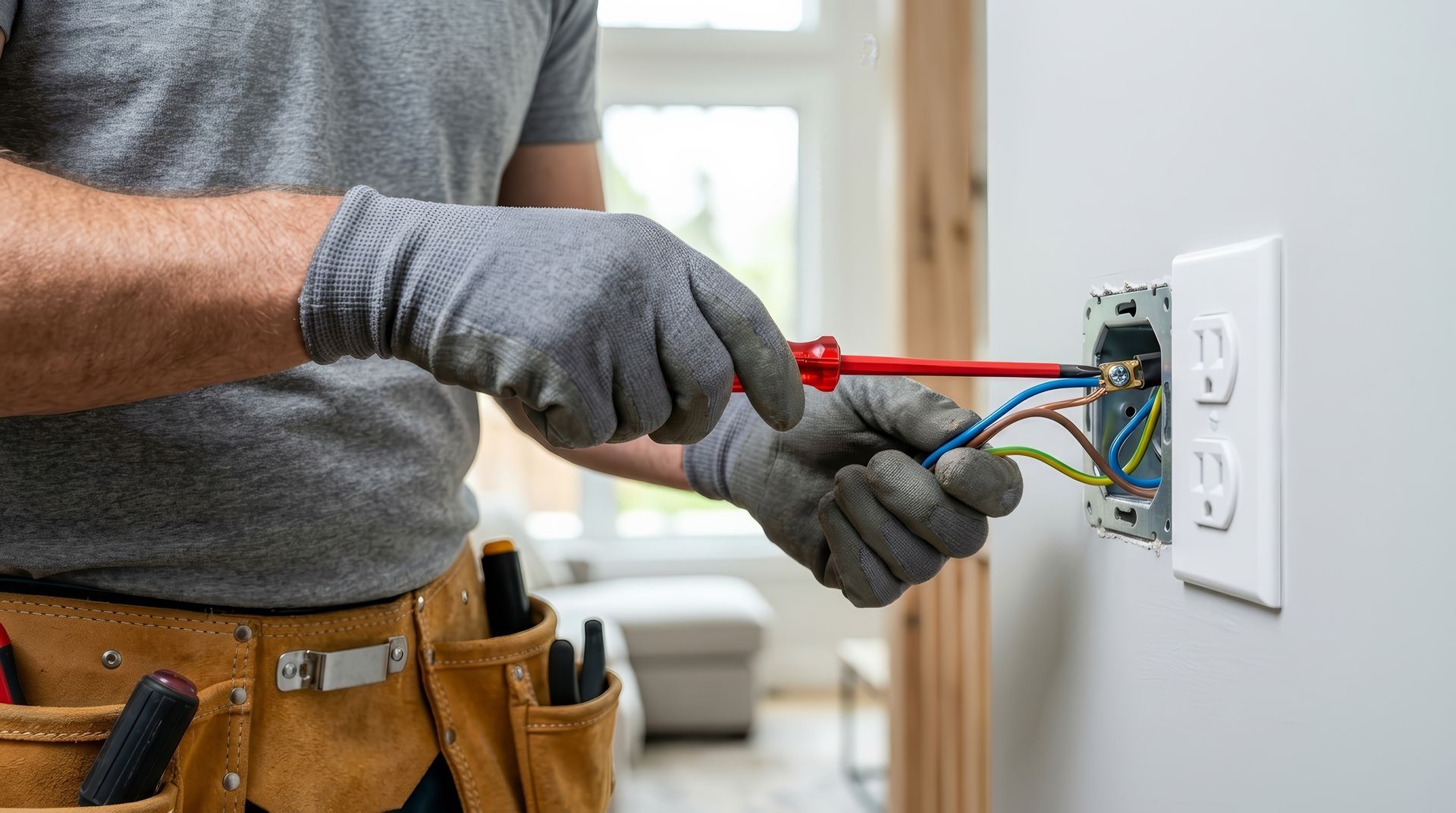 The electrician in gloves is wiring a wall outlet with a screwdriver.