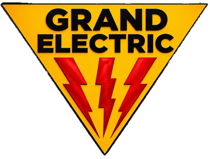 Grand Electric logo in a yellow triangle with red lightning bolts
