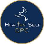 Healthy Self DPC logo in white and gold on a navy blue circle with a bird outline