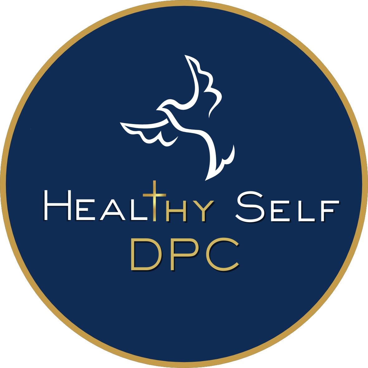 Healthy Self DPC logo in white and gold on a navy blue circle with a bird outline