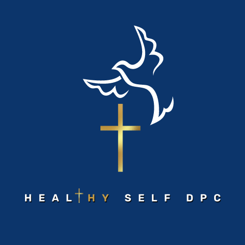 White dove over gold cross on blue background with “HEALTHY SELF DPC” text below
