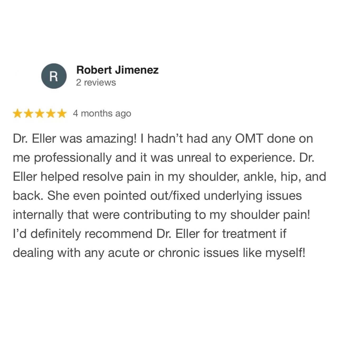 5-star review for Dr. Eller praising pain relief and treatment for shoulder, ankle, hip, and back.