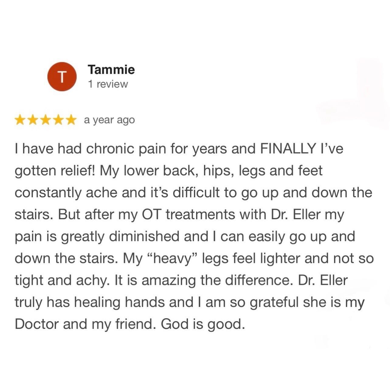 Online review praising Dr. Eller for relieving chronic back, hip, and leg pain after years of suffering