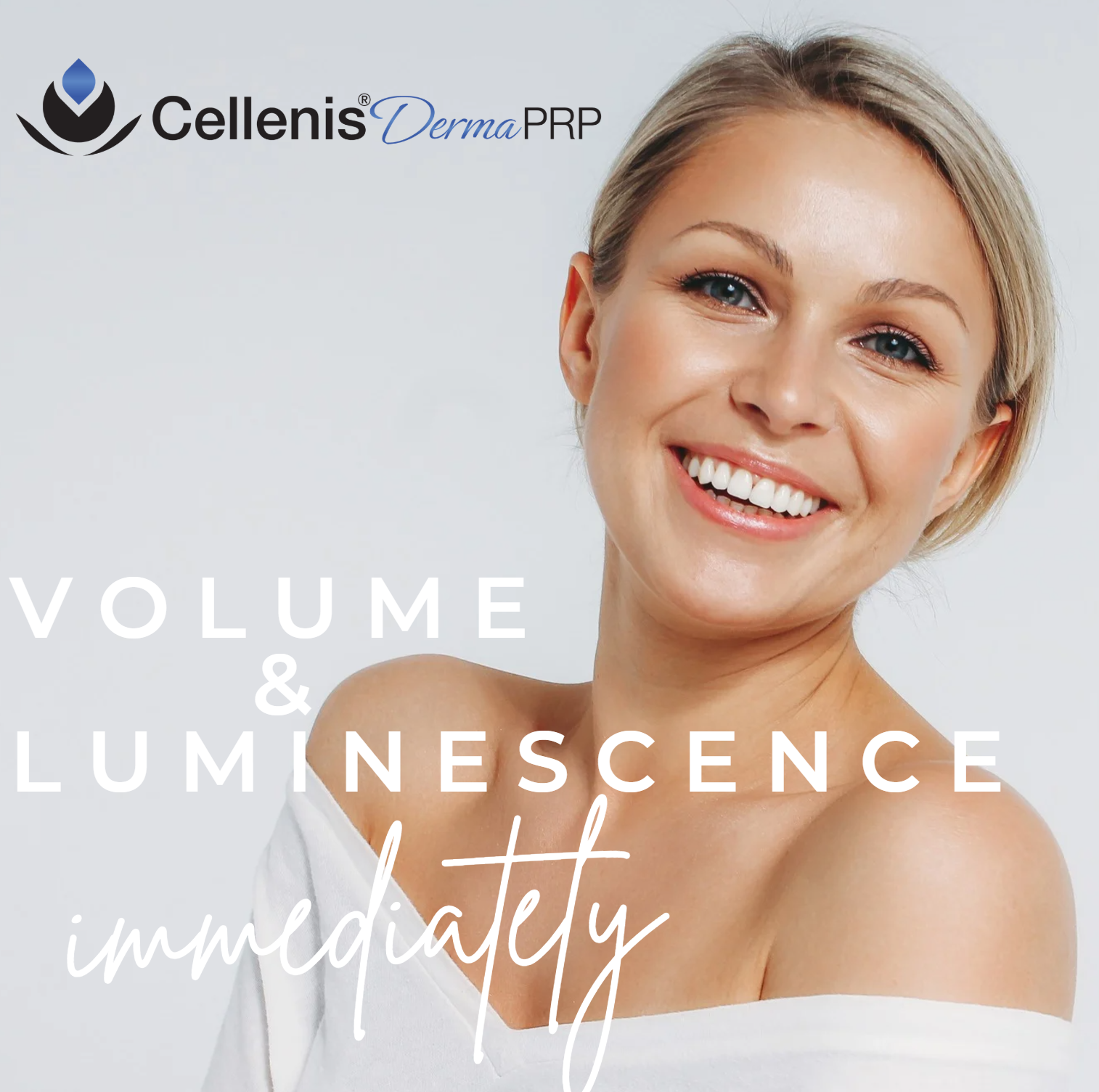 Smiling woman on light background with text “VOLUME & LUMINESCENCE immediately” and Cellenis Derma PRP logo