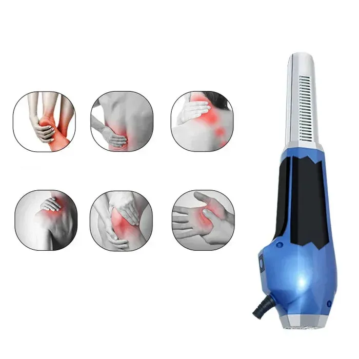 Blue handheld electric back massager with red heated massage points and usage examples