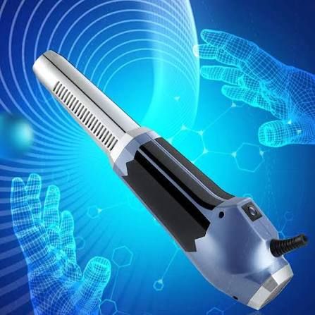 Futuristic electric device with silver and black body on a blue digital background with glowing hands