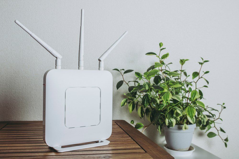 A White Router is Sitting on a Wooden Table Next to a Potted Plant — Brightway Electrical in Ballina, NSW