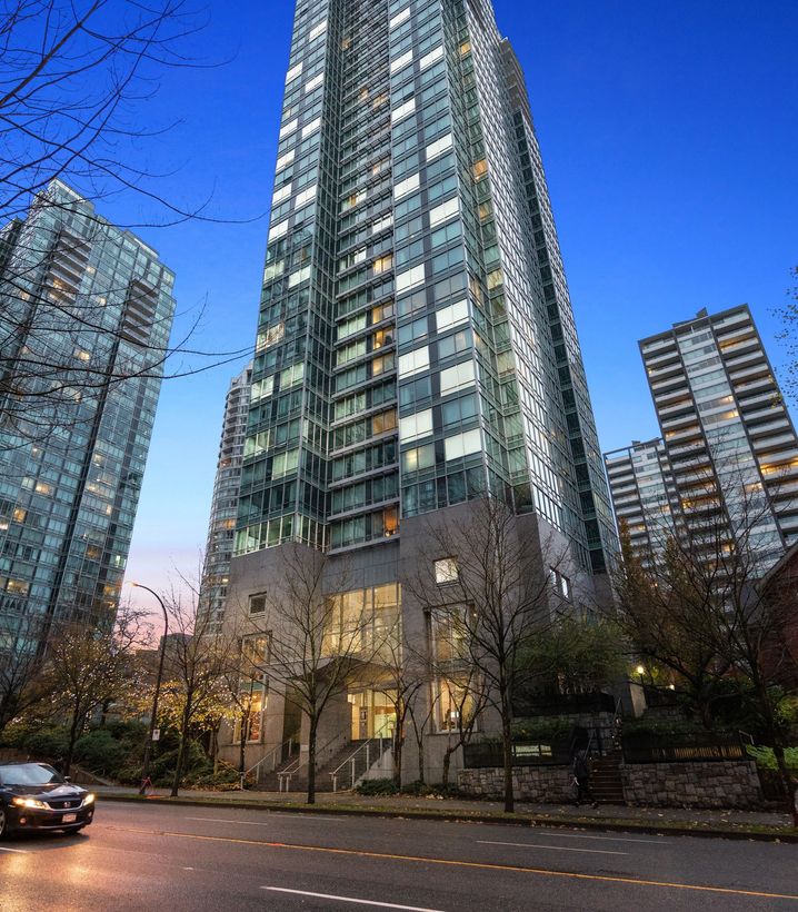 Tall apartment buildings at night