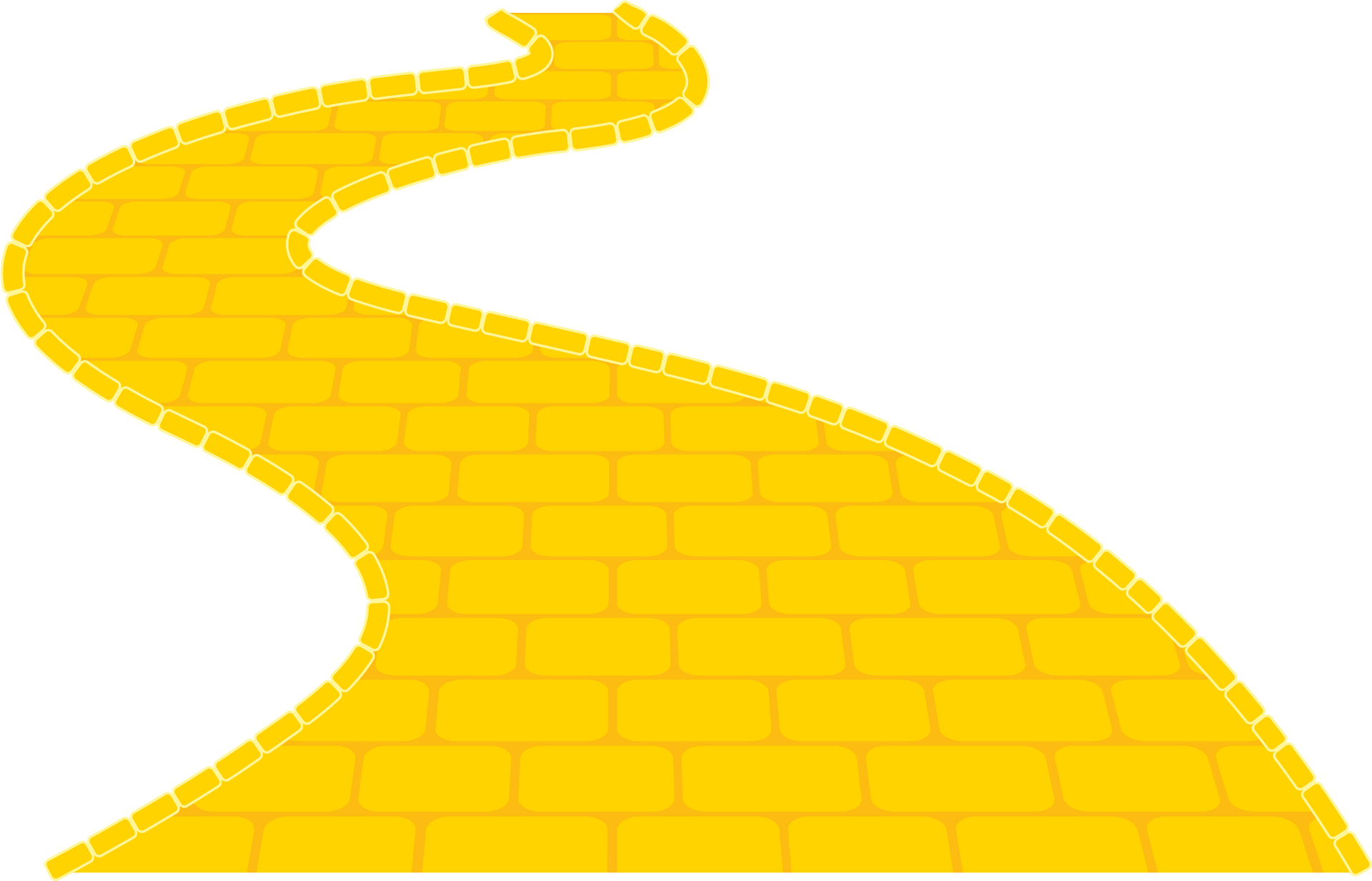 Yellow brick road winding into the distance on a white background