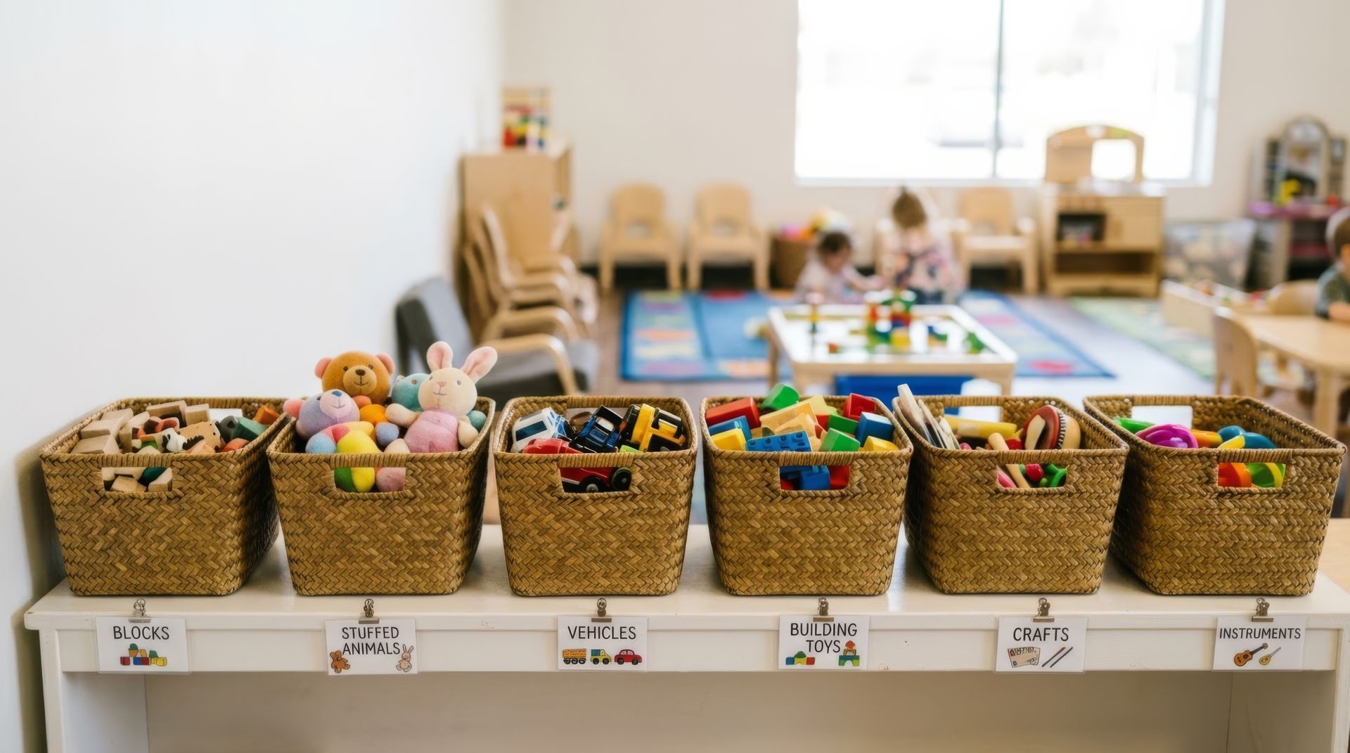Toddlers and preschoolers engaged in play-based learning at a child day care center